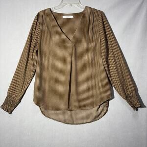 Costes Basic Blouse Womens XL Brown Black Houndstooth V-Neck Smocked Cuff Hem